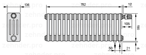 Схема (чертеж) Радиатор Zehnder Charleston 4019/17 №V002 Белый глянцевый RAL 9016